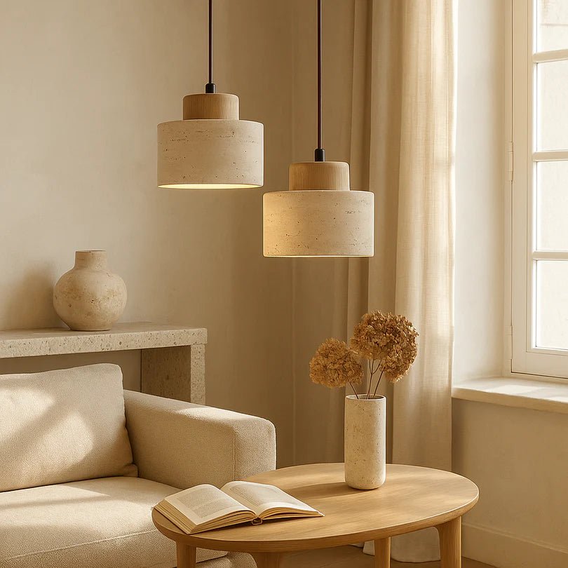 Lampa Wisząca z Kamienia i Drewna - Ciemne drewno