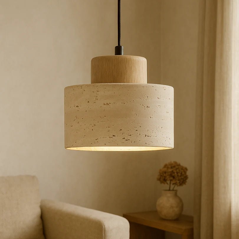 Lampa Wisząca z Kamienia i Drewna - Jasne drewno
