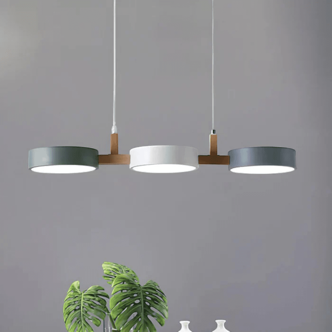 Lampa wisząca z metalową konstrukcją i drewnianym elementem - Biały–Szary–Zielony