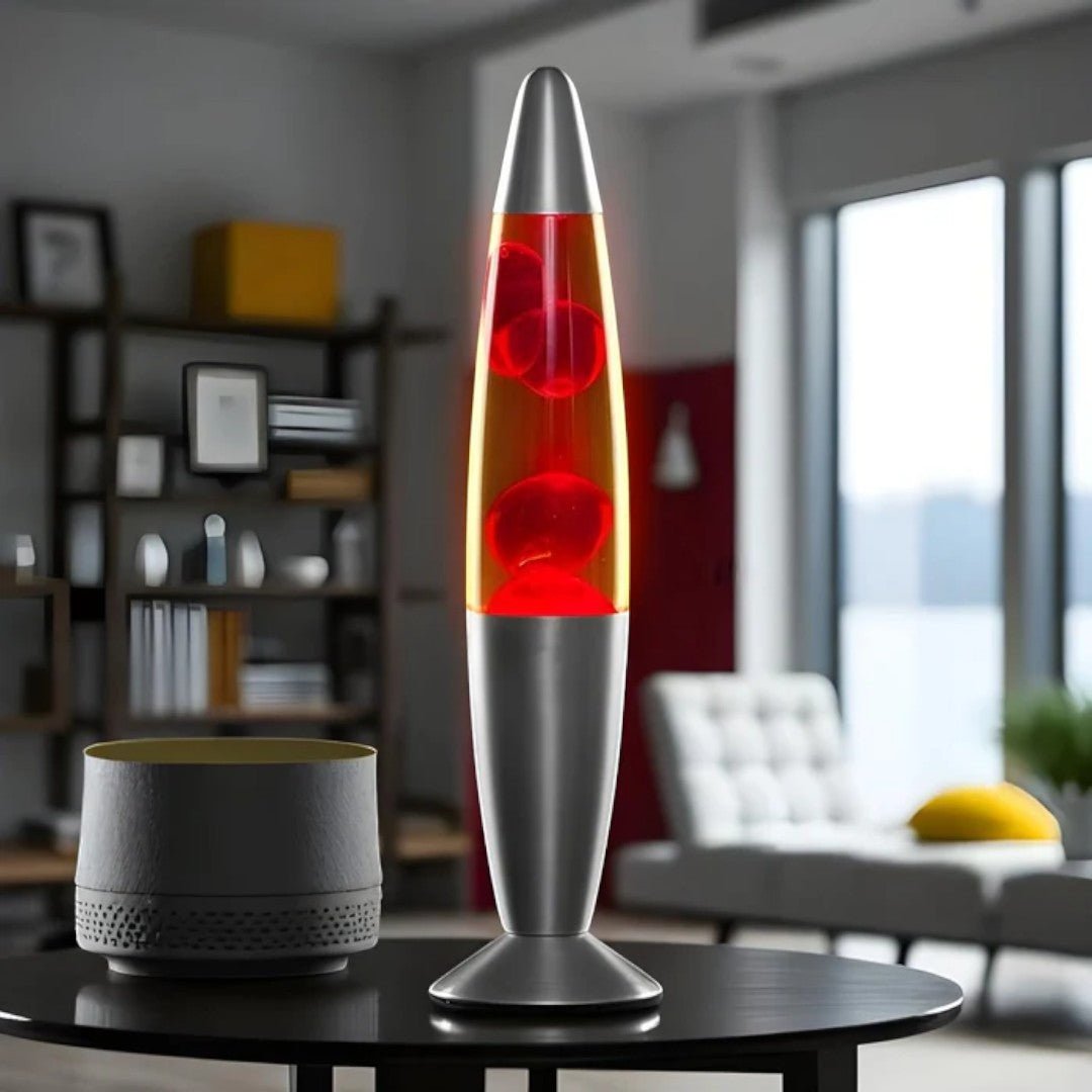 Przenośna lampa lawowa z cylindryczną konstrukcją i szklaną obudową - Czerwony