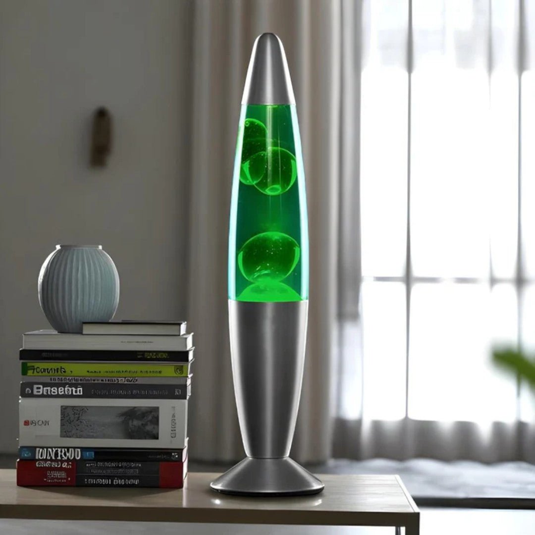 Przenośna lampa lawowa z cylindryczną konstrukcją i szklaną obudową - Zielony