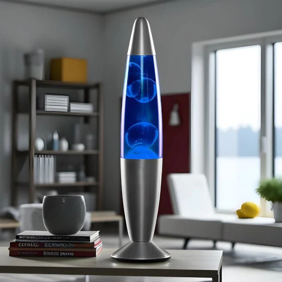 Przenośna lampa lawowa z cylindryczną konstrukcją i szklaną obudową - Niebieski