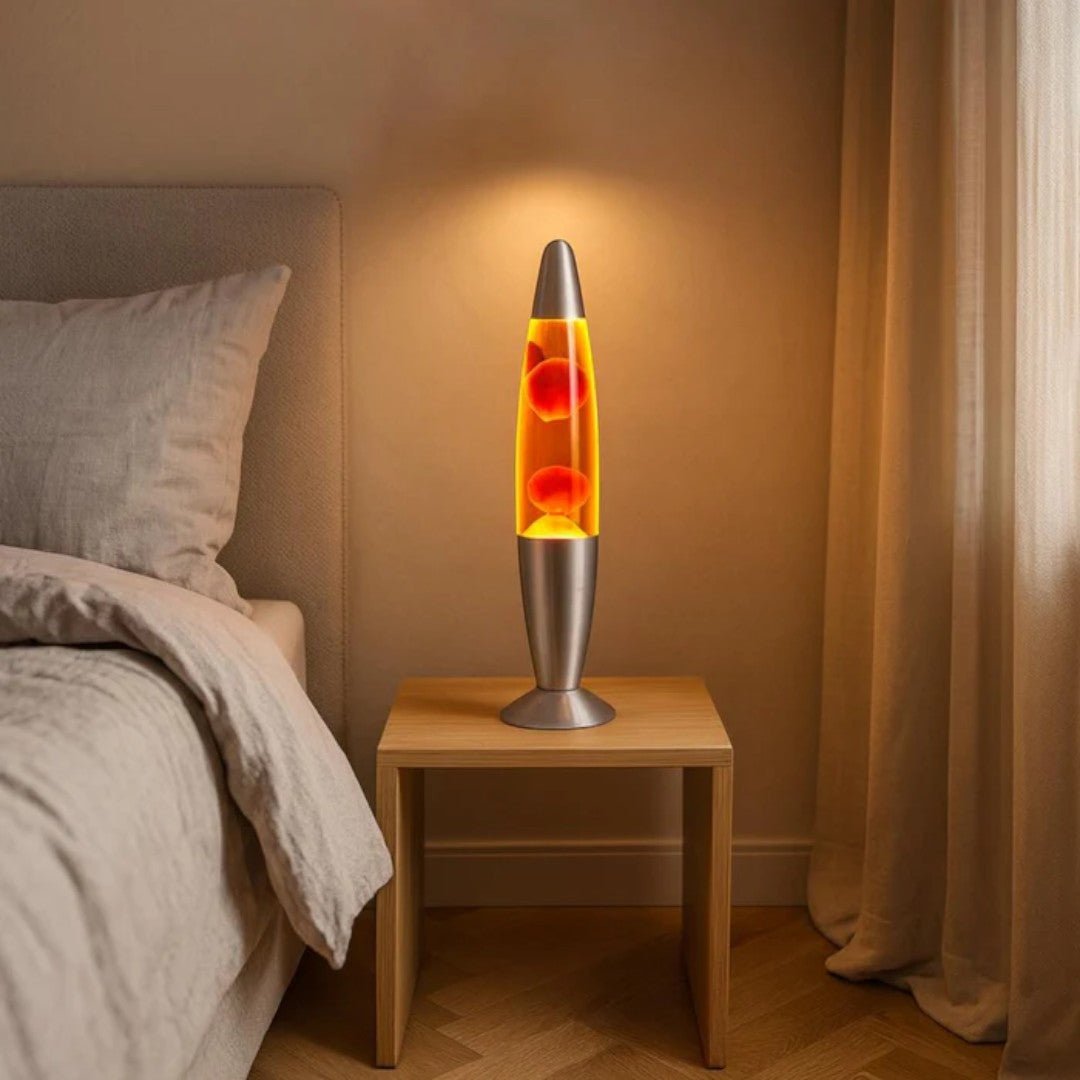 Przenośna lampa lawowa z cylindryczną konstrukcją i szklaną obudową - Czerwony