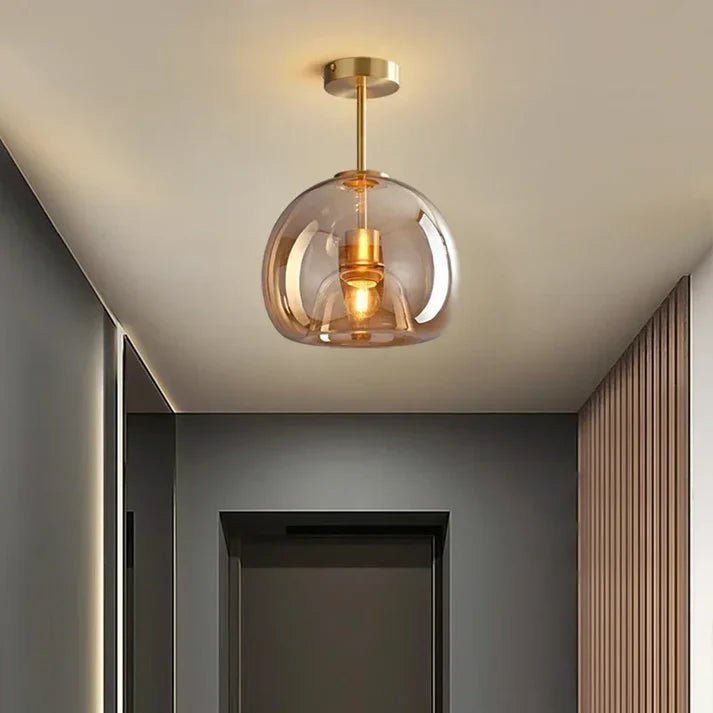 Szklana lampa sufitowa z miedzianymi akcentami - Bursztynowy B