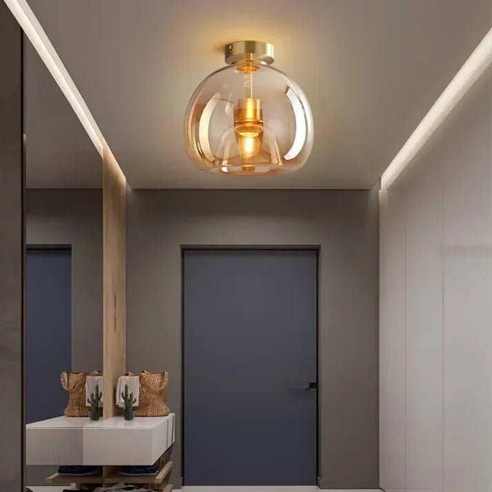 Szklana lampa sufitowa z miedzianymi akcentami - Bursztynowy B