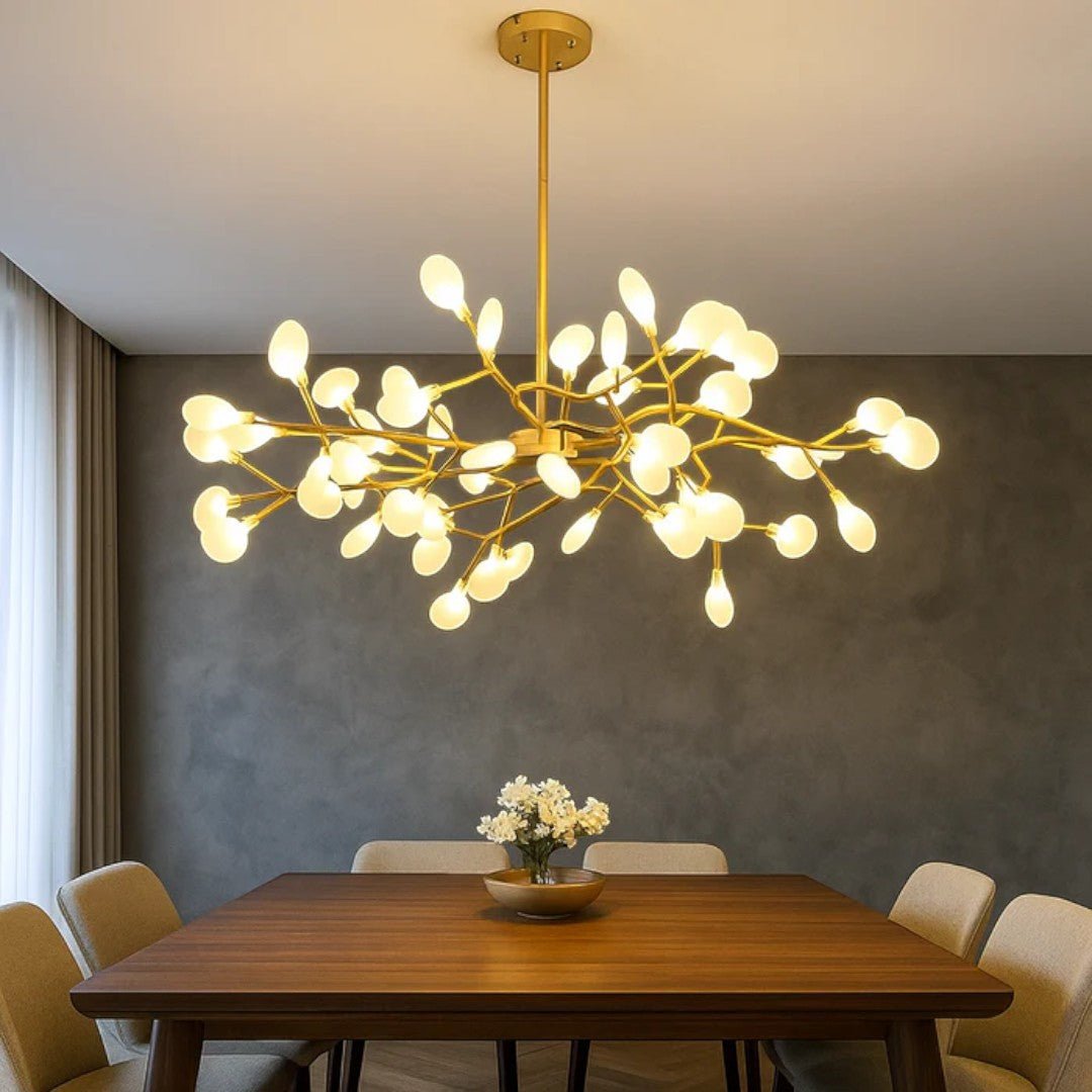 Żyrandol sufitowy z rozgałęzioną konstrukcją i elementami akrylowymi - Złoty