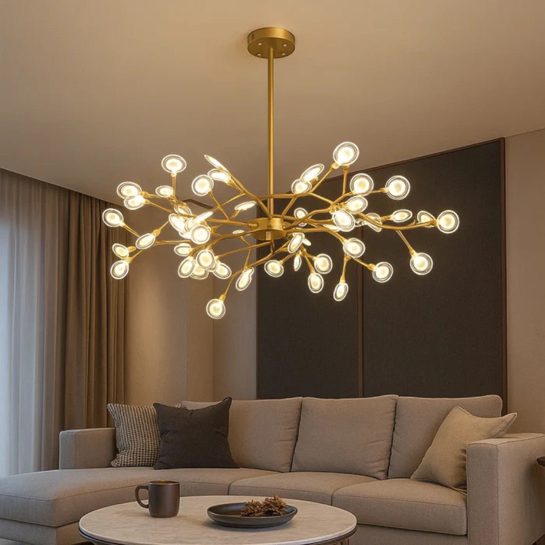 Żyrandol sufitowy z rozgałęzioną konstrukcją i elementami akrylowymi - Złoty