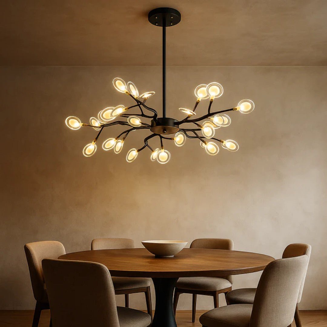 Żyrandol sufitowy z rozgałęzioną konstrukcją i elementami akrylowymi - Złoty