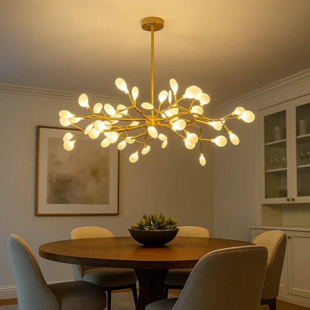 Żyrandol sufitowy z rozgałęzioną konstrukcją i elementami akrylowymi - Złoty
