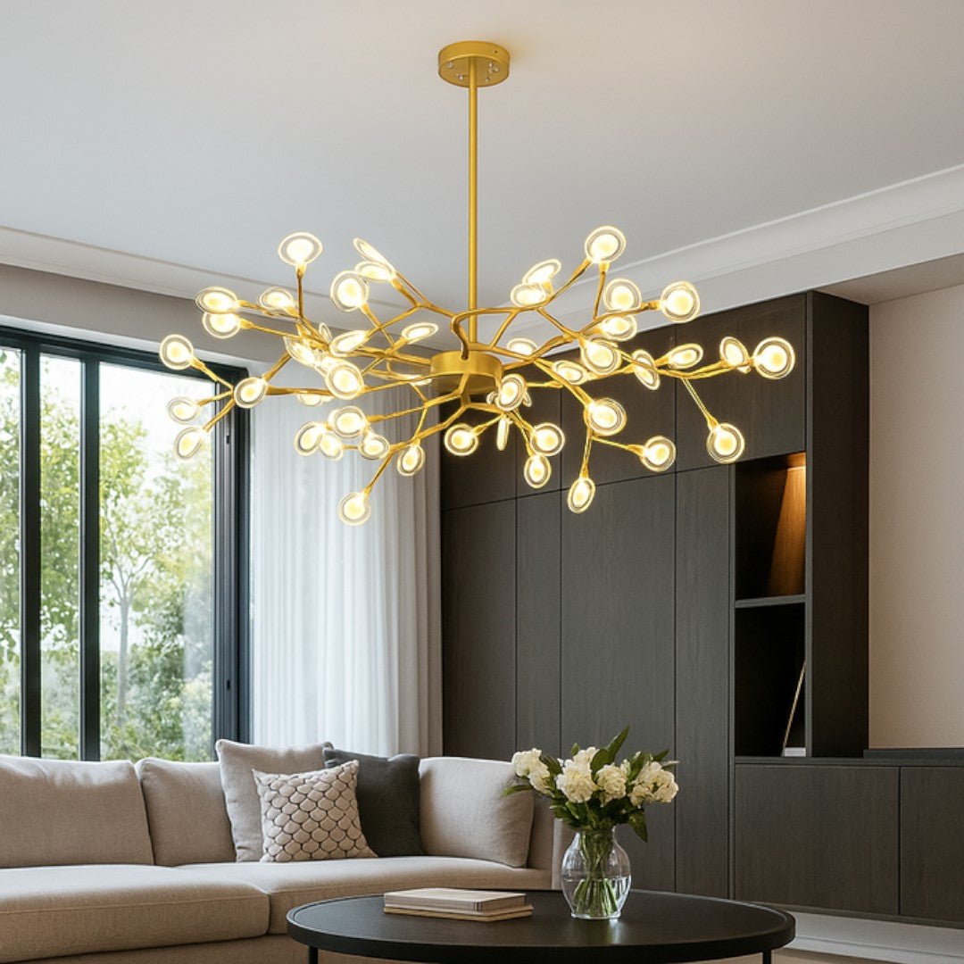 Żyrandol sufitowy z rozgałęzioną konstrukcją i elementami akrylowymi - Złoty
