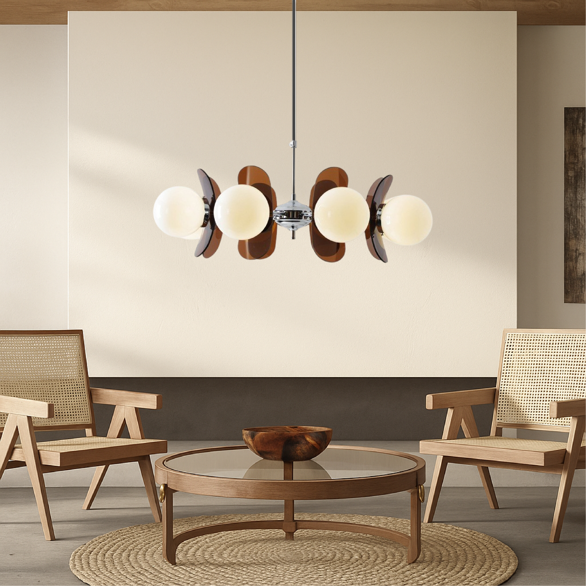 Lampa wisząca z kulami szklanymi i detalami akrylowymi