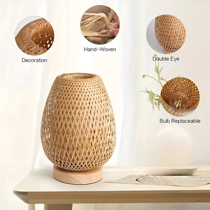 Lampa stołowa z bambusa z naturalnym splotem