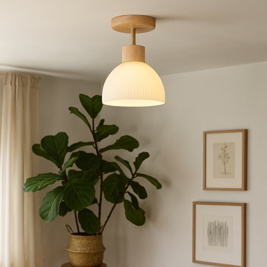 Lampa sufitowa z drewna, żelaza i szkła