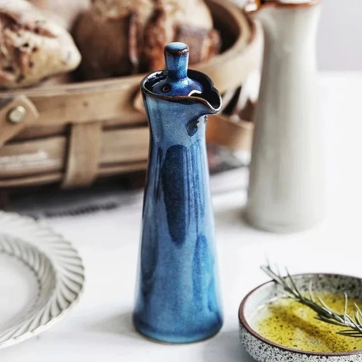 Ceramiczna butelka do oliwy i octu z dzióbkiem bez kapania - Niebieski